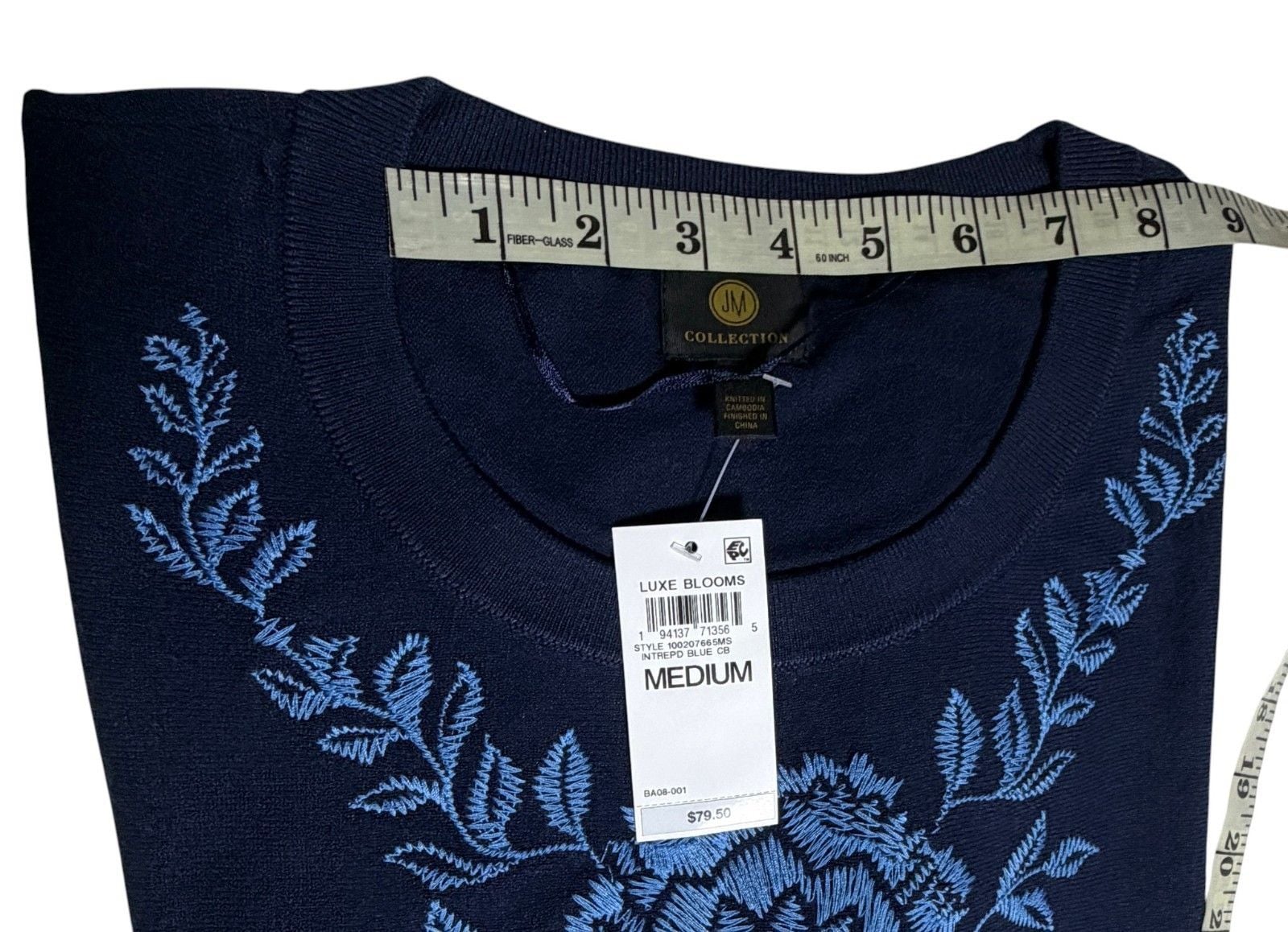JM Collection Luxe Blooms Women's Embroidered Top Navy Blue Size M NWT 7