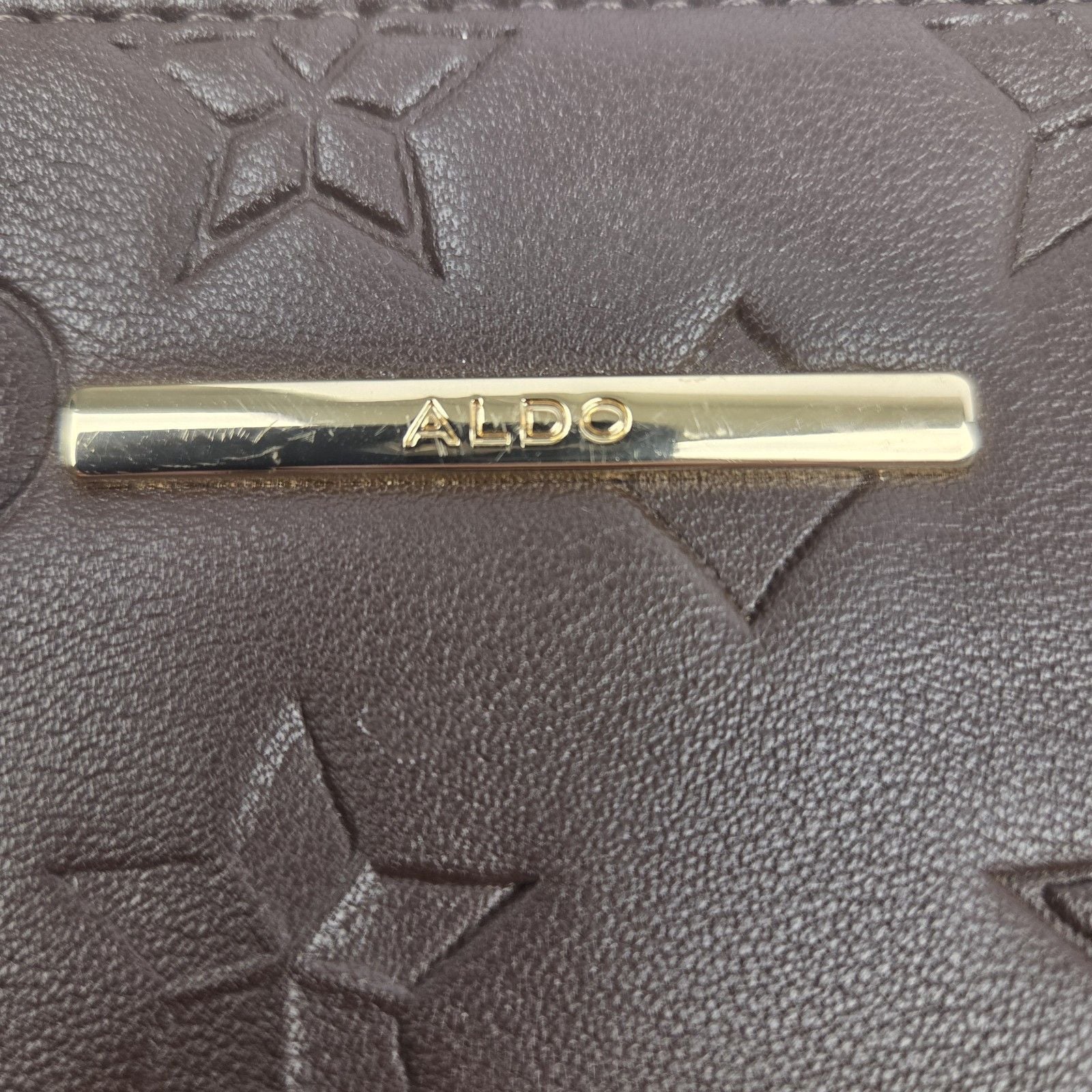 ALDO Brown Embossed Logo Crossbody Bag Zip Closure Adjustable Strap Pockets 3