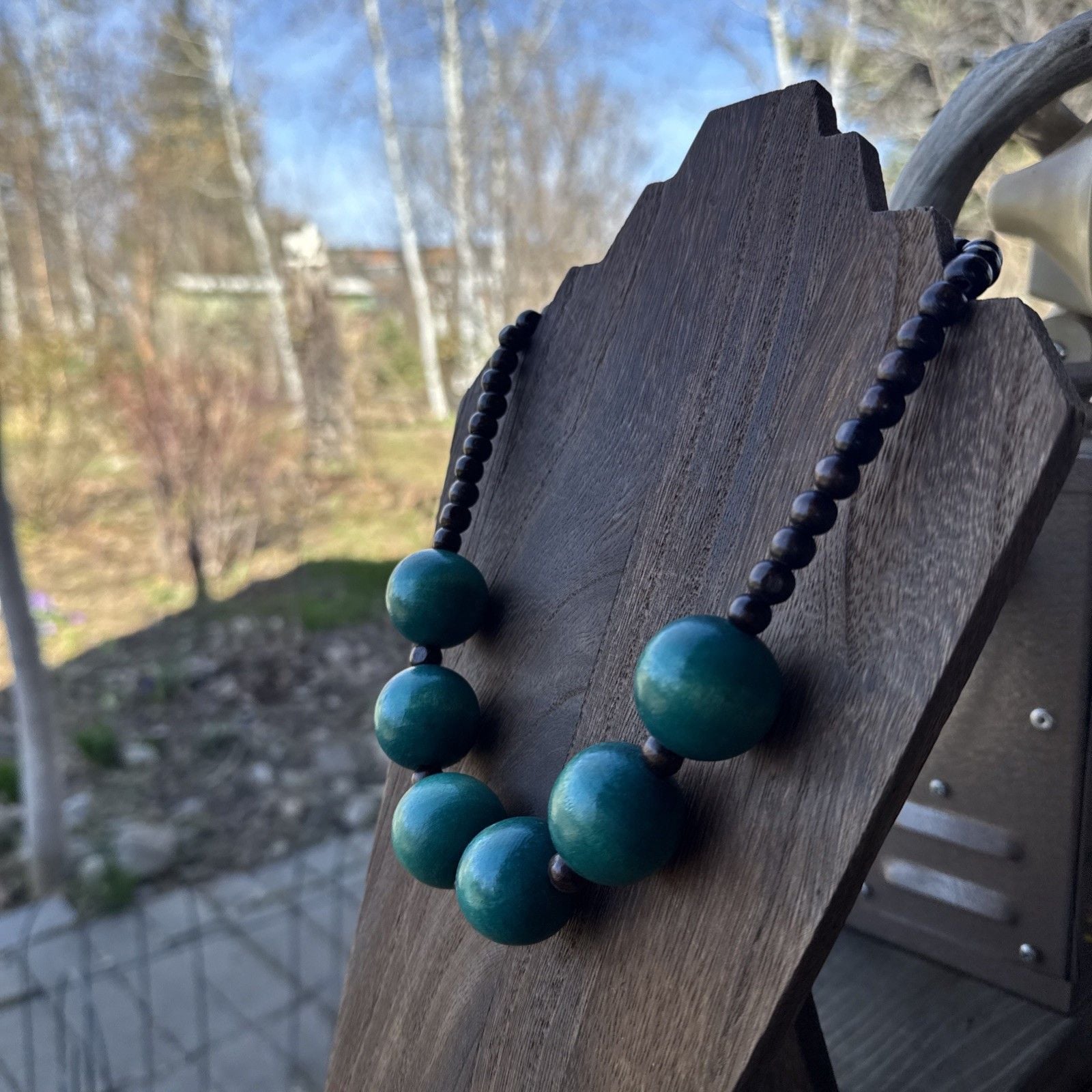 Miami Blue/Green Wood Necklace Boho Chic Casual Natural Hippie 3
