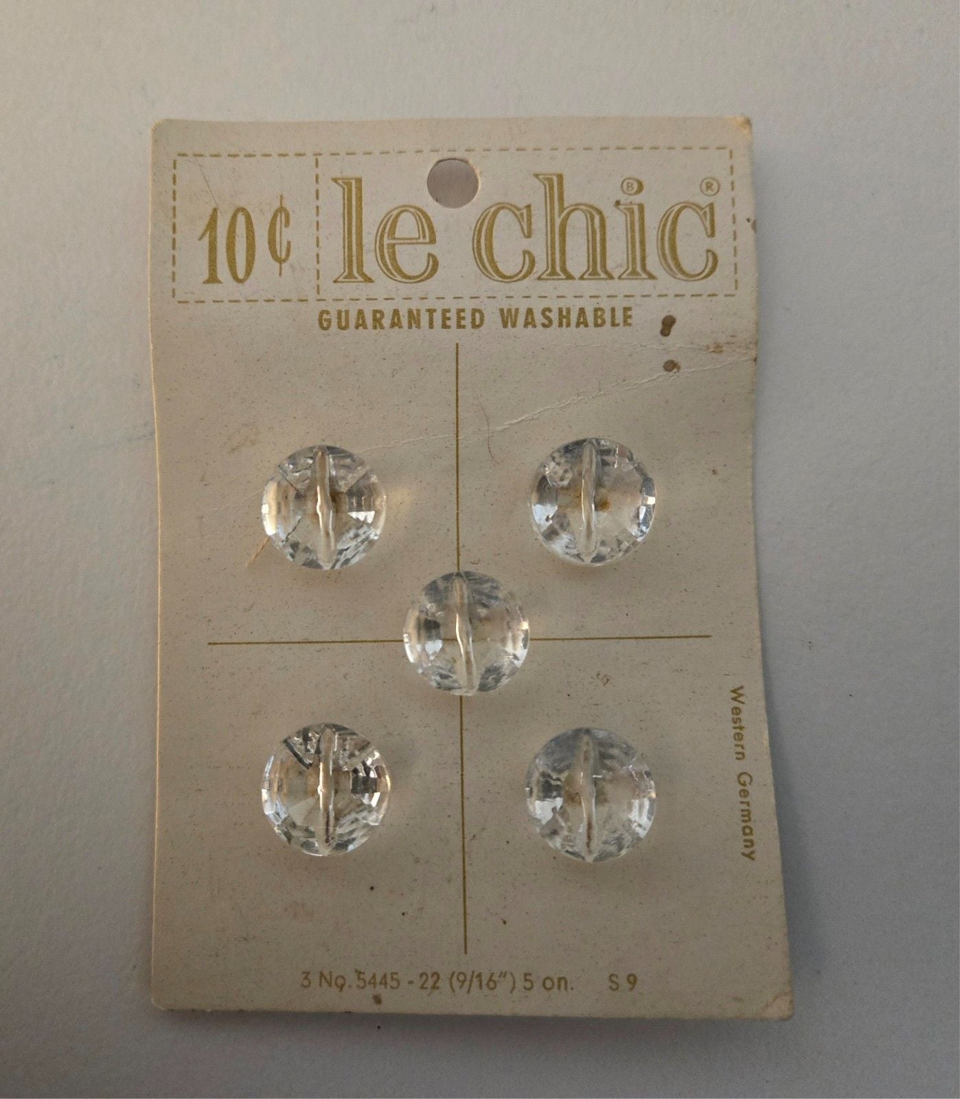 5 Glass Vintage Buttons ~ Le Chic ~ 9/16” ~ West Germany ~ New on Card 1