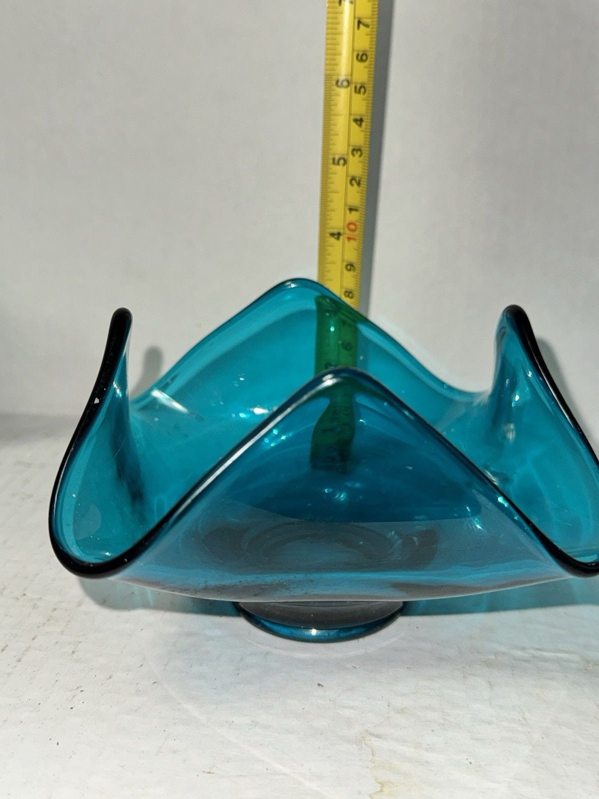 Vintage Turquoise Blue Art Glass Handkerchief Bowl Footed Ruffled MCM Decor 2