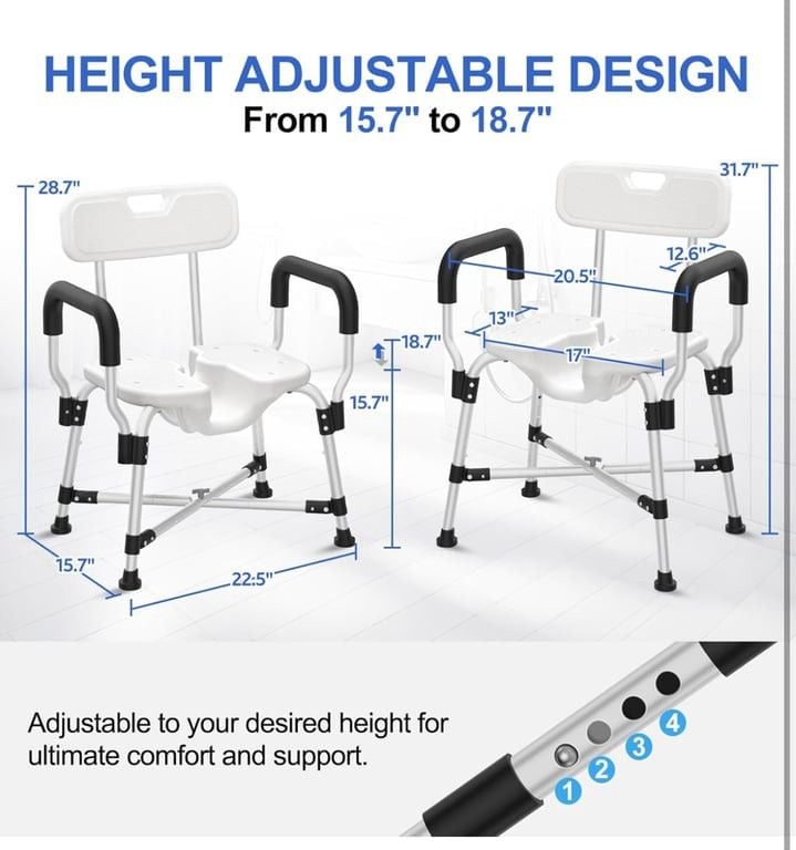 Adjustable Shower Chair with Removable Armrests and Back 2