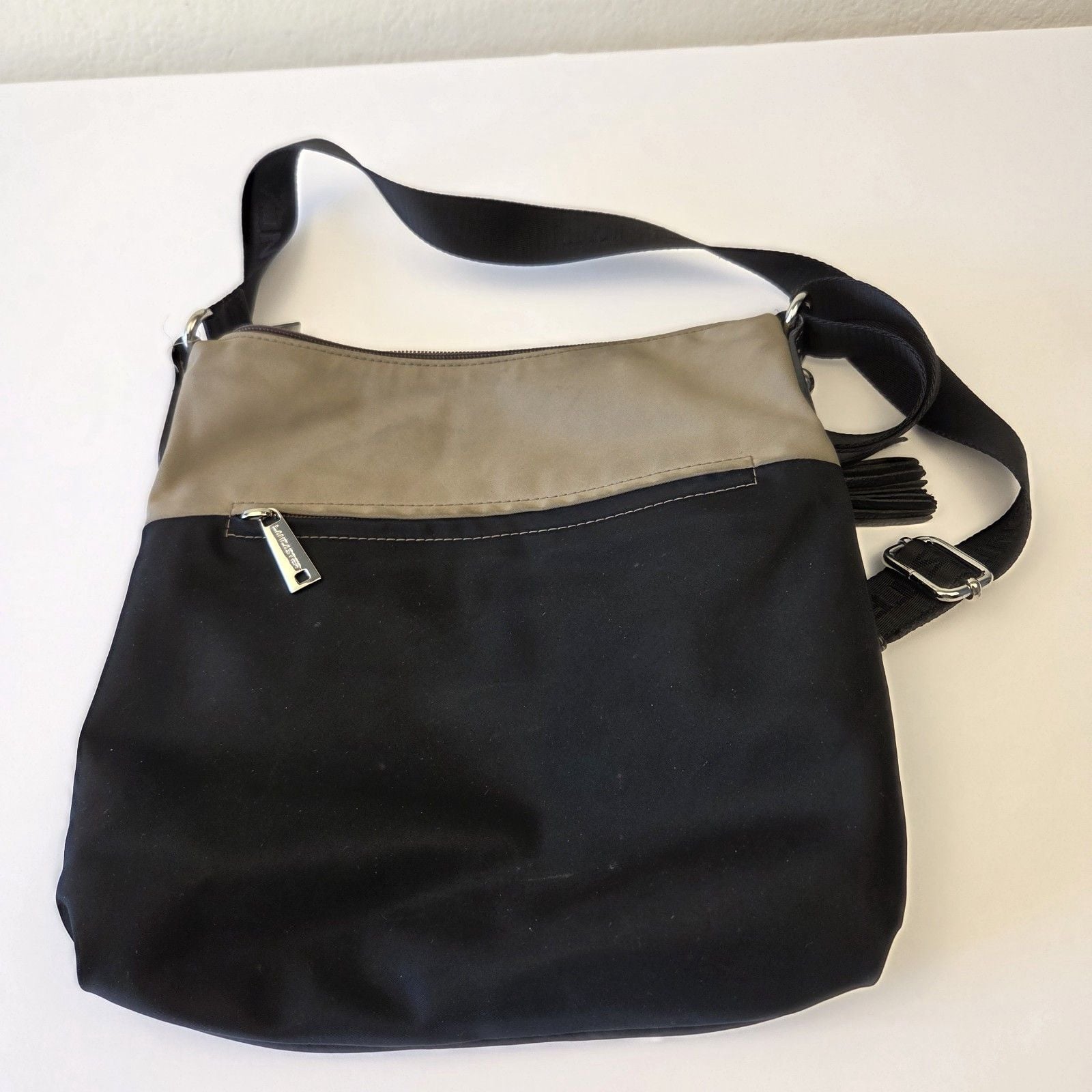 Lancaster Paris Basic Pompon Nylon Hobo Crossbody Bag Black Taupe 5