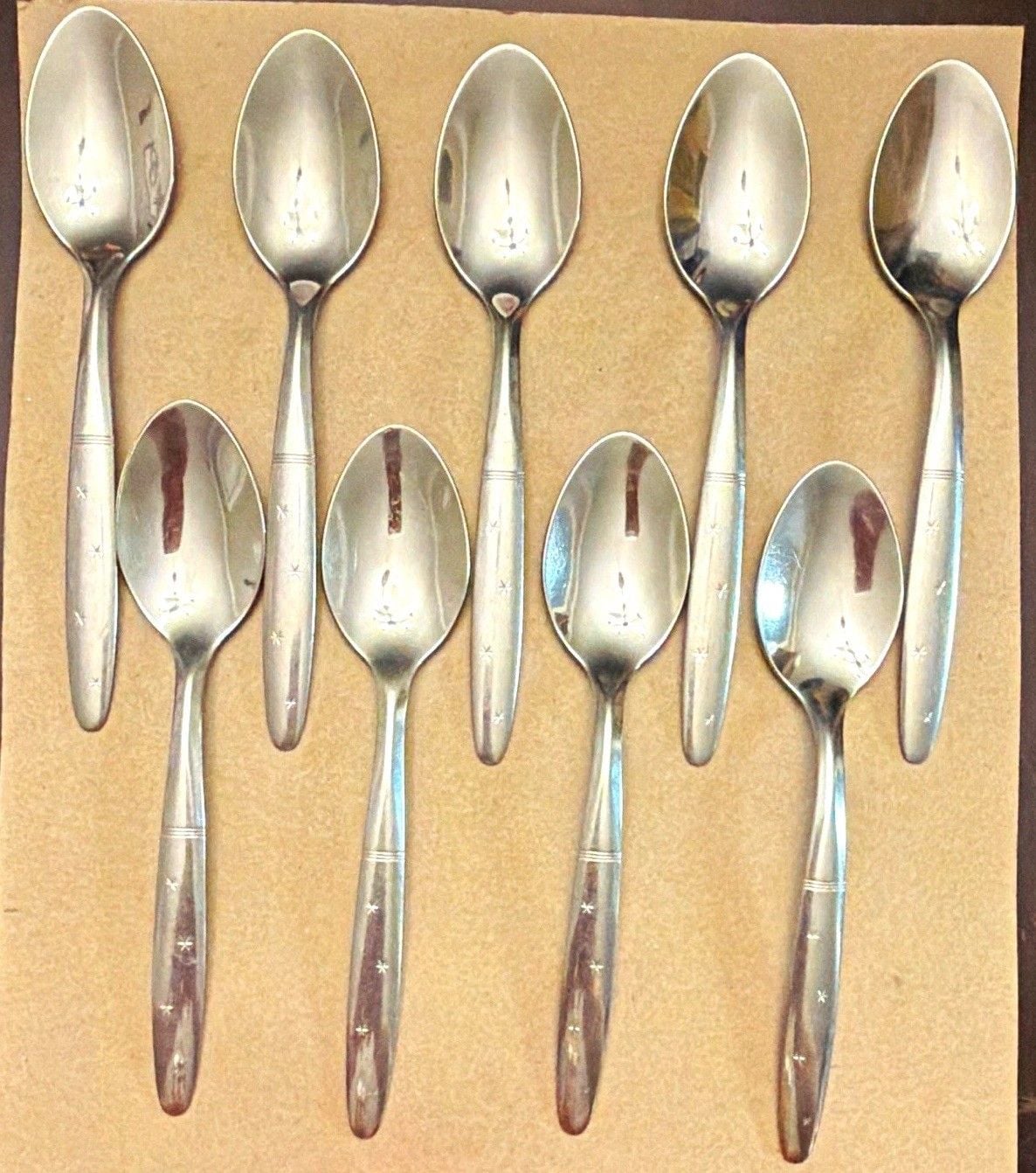 Lot of 9 Washington Forge Starflyte Teaspoons Stainless Steel 6" Vintage MCM 1