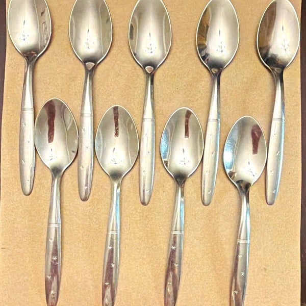 Lot of 9 Washington Forge Starflyte Teaspoons Stainless Steel 6" Vintage MCM