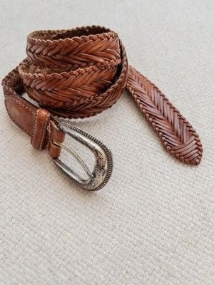 Talbots Vintage Brown Braided Woven Leather Belt Silver Western Buckle Boho LRG 3