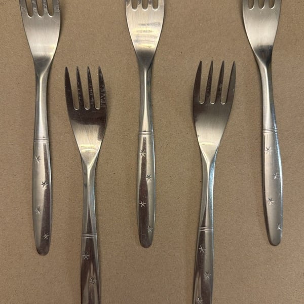 Lot of 5 Washington Forge Starflyte Salad Forks Stainless 6.5” Vintage MCM