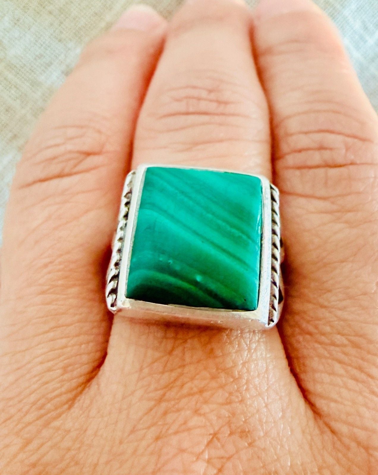 Sterling Silver Large Square Malachite Ring Southwestern Size 7 Statement 5