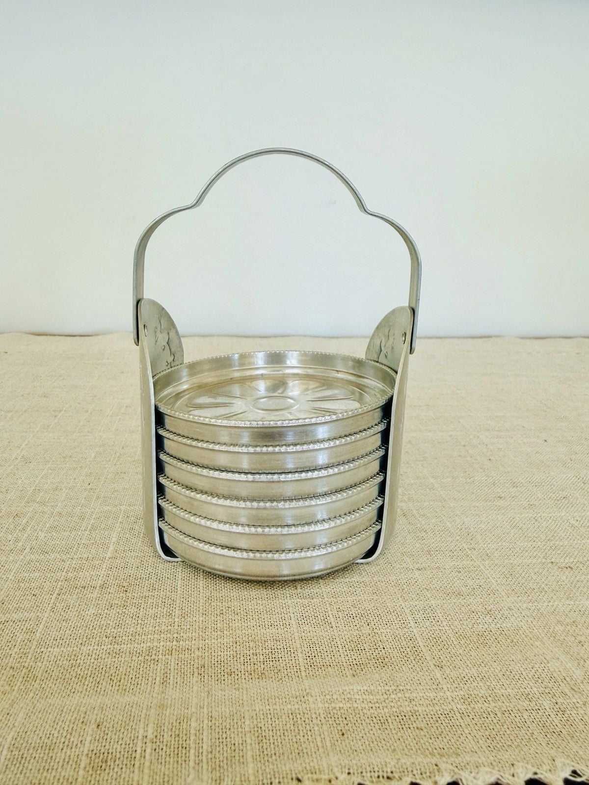 Vintage Aluminum Coaster Set of 8 Floral Embossed Metal Holder MCM Barware 2