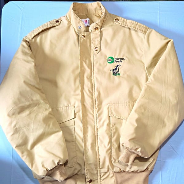 King Louie Beige Lined Bomber Jacket Nutrena Feeds Cow Embroidered Logo Size L