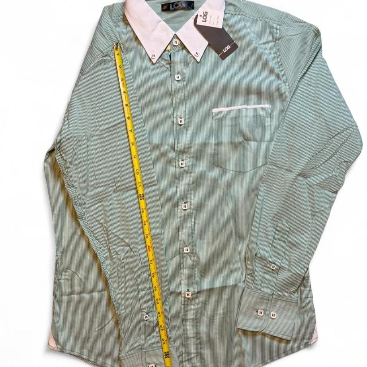 Log wear Green white striped button-up shirt with white collar and cuffs, size Large dimensions are in the pictures brand new with tags 4