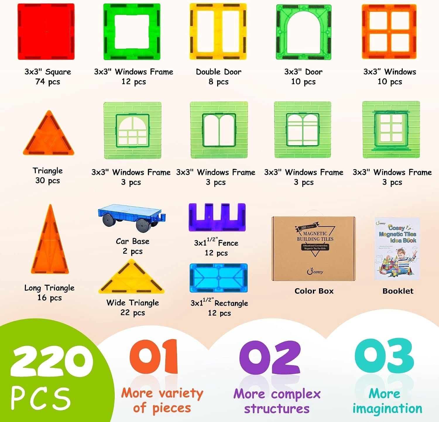 220 Pcs Magnetic Tiles, 3D Magnetic Blocks Set with 2 Cars, STEM Toys 5