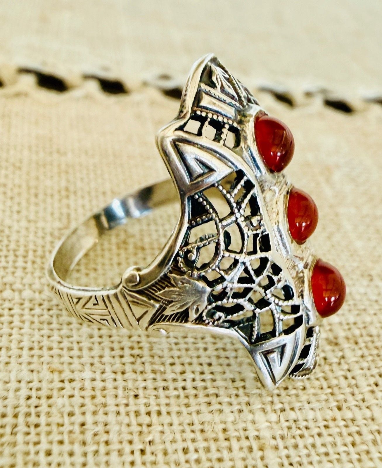 Antique Art Deco Sterling Silver Filigree 3-Stone Carnelian Glass Ring Size 6 10