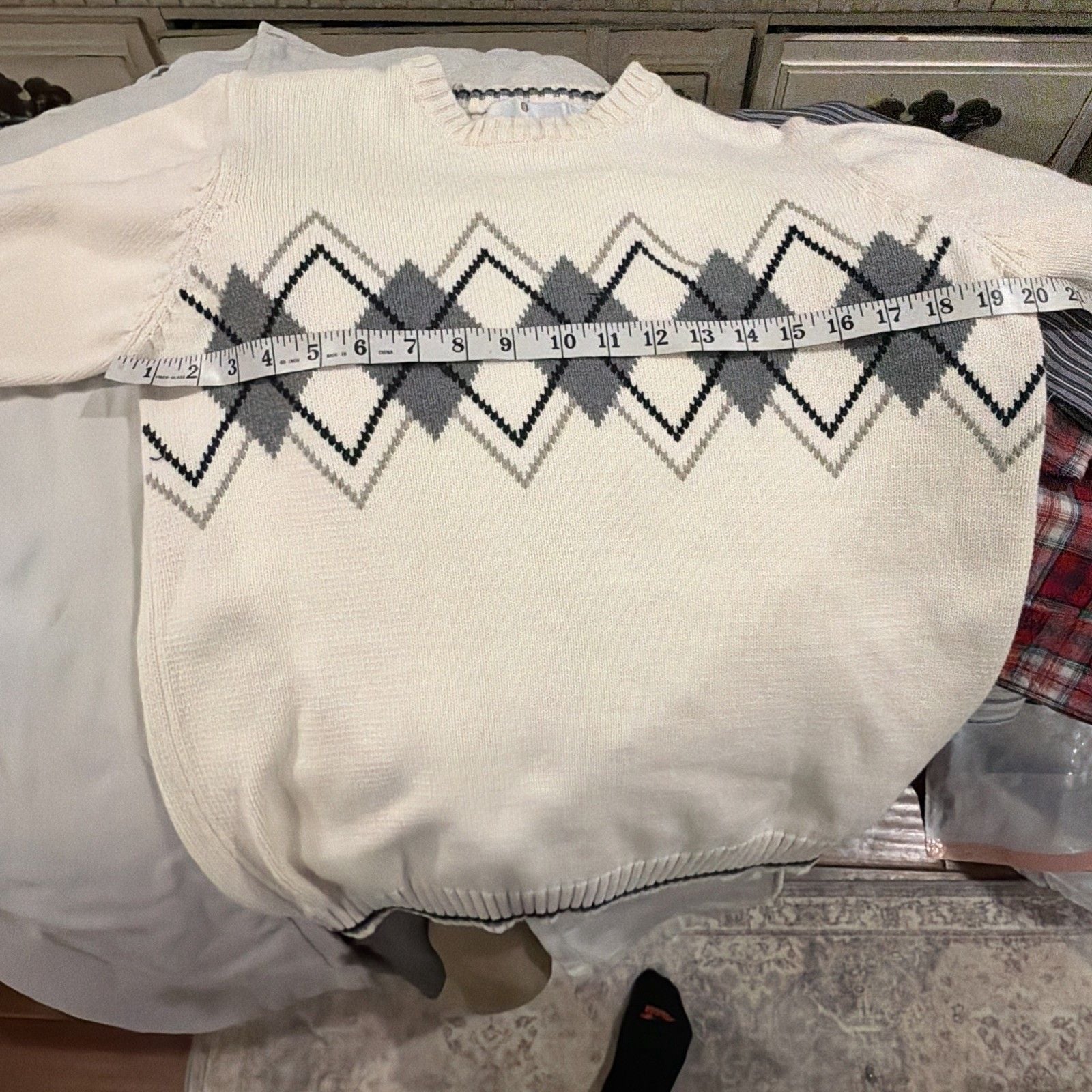 Bill Blass Men's Ivory Argyle Knit Crewneck Pullover Sweater Long Sleeve M 5
