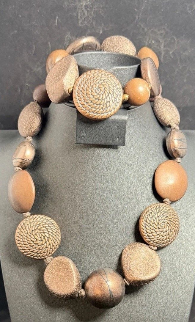 Vintage 1980s Heavy Chunky Matte Copper Bronze Statement Necklace & Bracelet Set 1