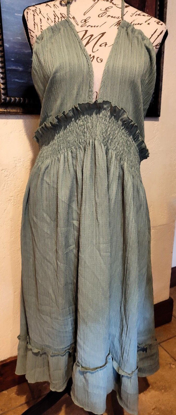 Moss Green Stretch Crinkle Tie Back Halter Dress w Ruffles Adjustable Sz M/XL 2