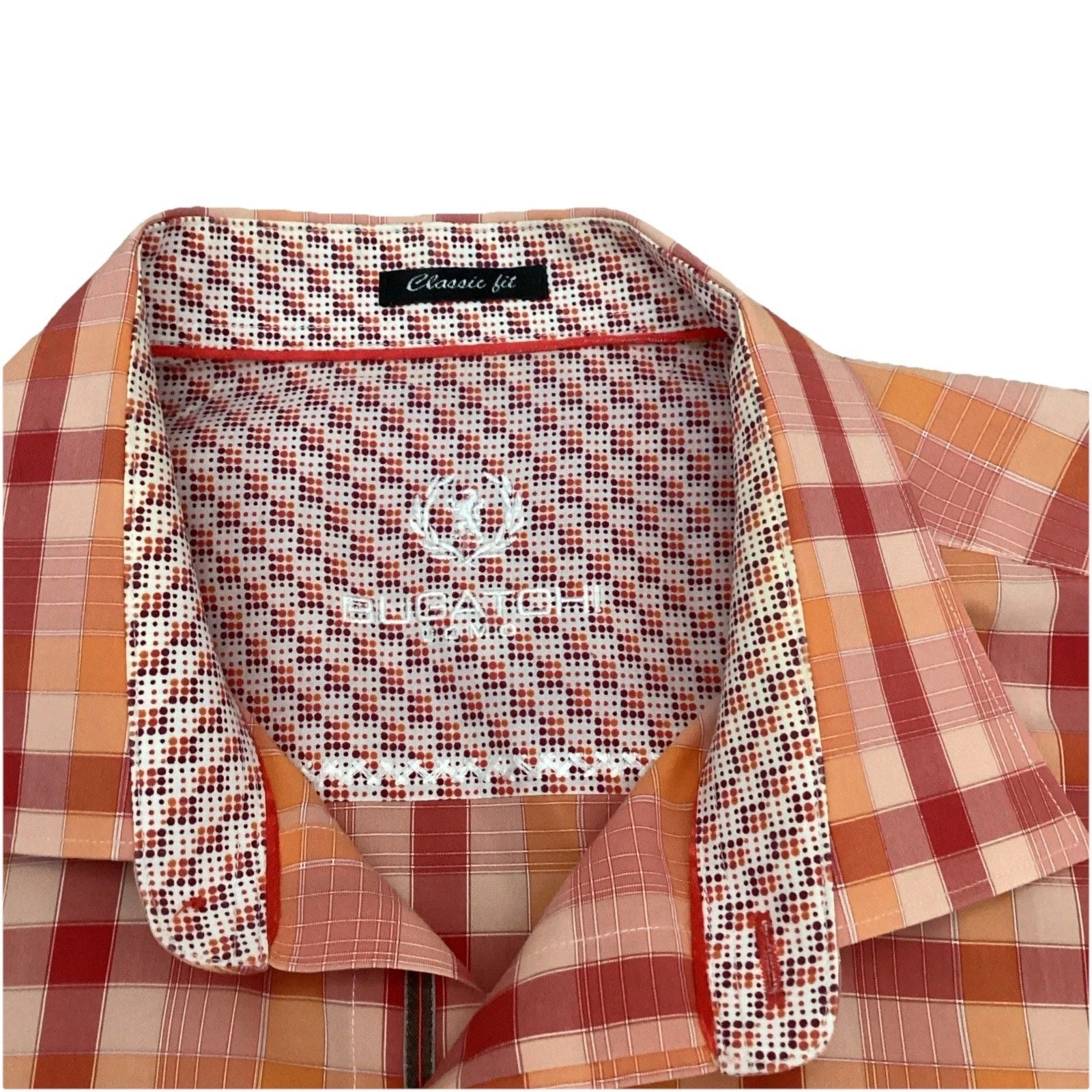 Bugatchi Uomo Button Up Shirt Men’s Large Classic Fit Long Sleeve Plaid Orange 4