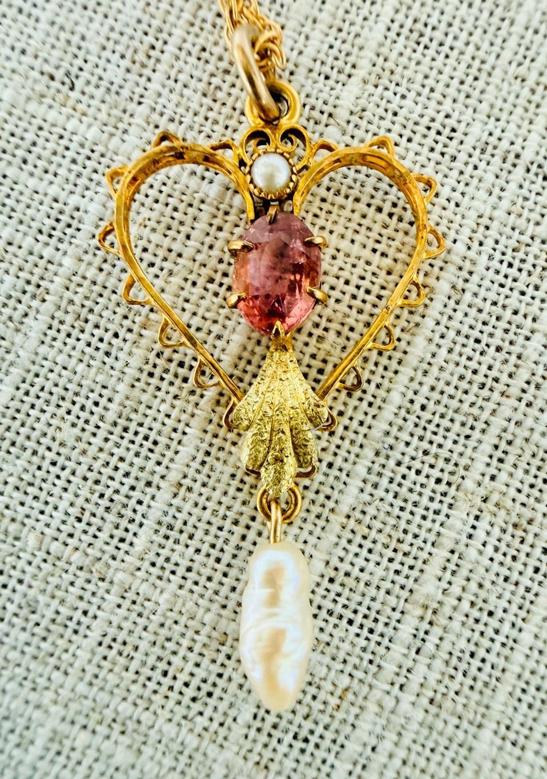 Antique Art Nouveau 12K GF Heart Lavalier Necklace Pink Stone Natural Pearl 7