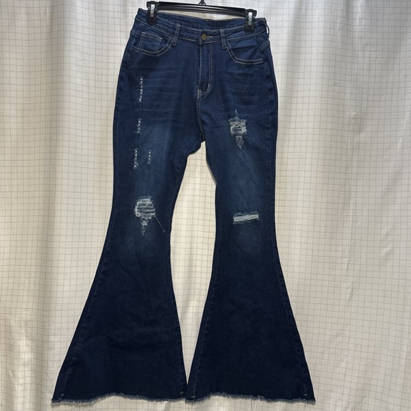 Casual Jeans Medium Adult Blue Denim Flared Distressed Hem Dark Wash Womens Y2K
