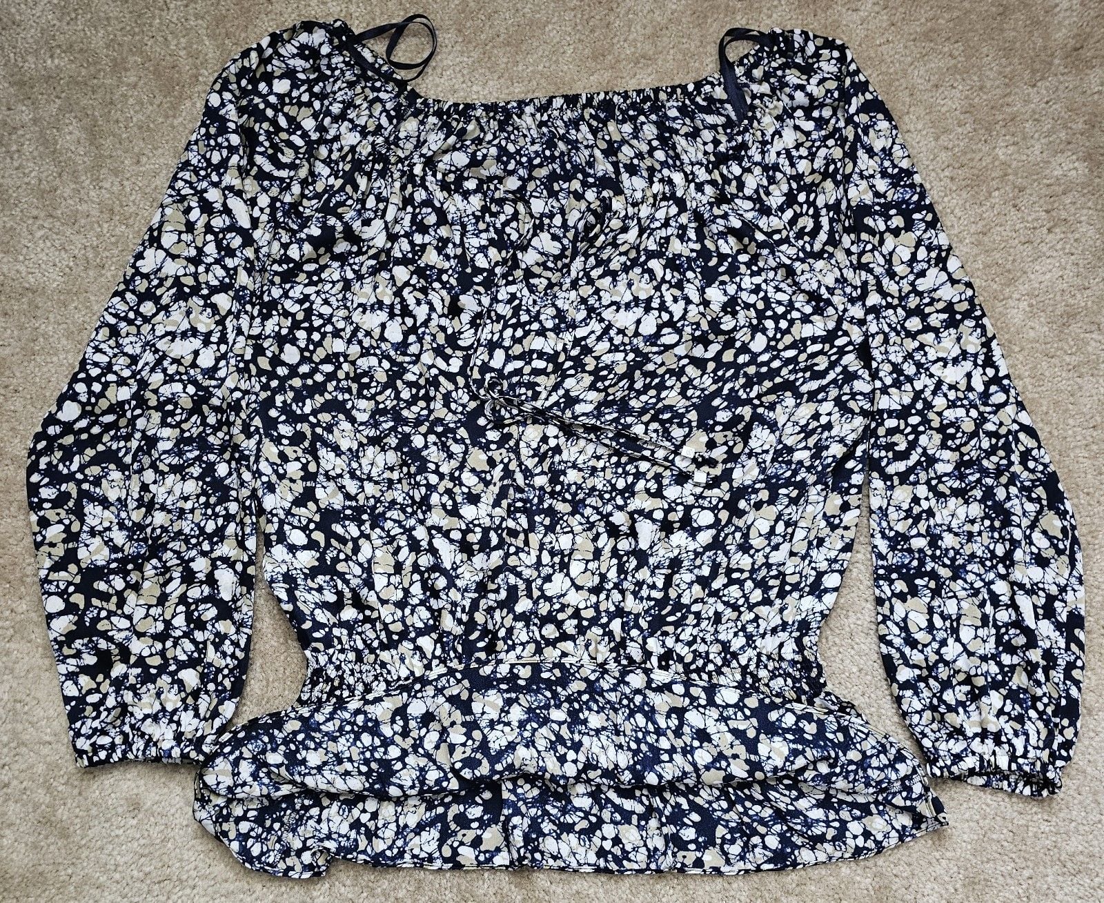 Michael Kors Women's Abstract Print Peplum Blouse Long Sleeve Navy Tan White 5
