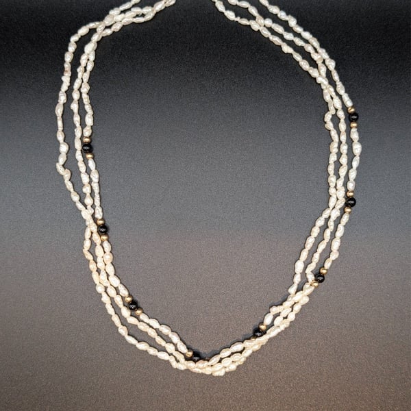 Vintage 14K Gold Multi-Strand Freshwater Rice Pearl Necklace Signed