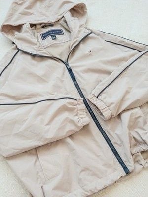 Tommy Hilfiger Windbreaker Jacket Mens Large Beige Hooded Full Zip Mesh Lined L 13