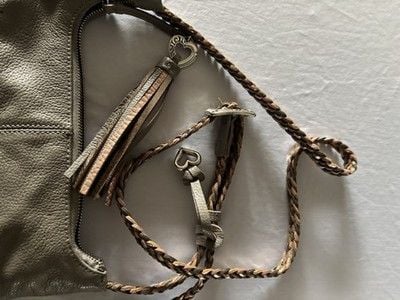 Brighton Taupe Pebbled Leather Crossbody Shoulder Bag Braided Strap Tassel Charm 6