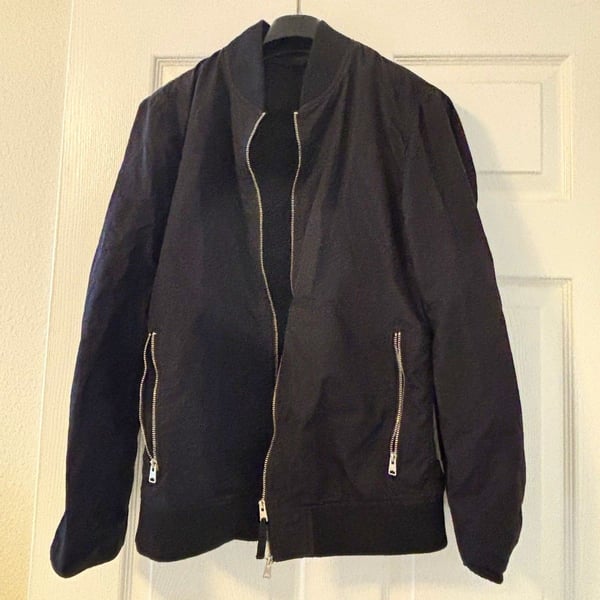 AllSaints Men's Black Bomber Jacket XS Zip Stand-Up Collar Pockets Cotton