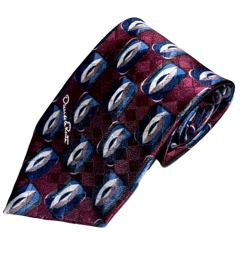 Oscar de la Renta Studio Vintage Tie – Burgundy Geometric Retro Pattern 1
