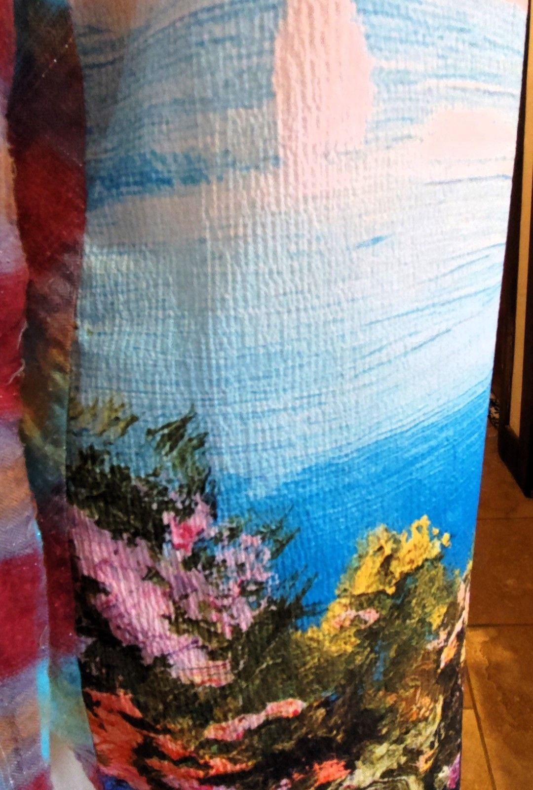 Aratta Pink & Blue Boho Plaid Button Down w Beautiful WaterColor Seascape Sz S 12