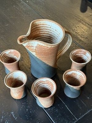 RARE Rick Schlag ceramic pitcher and cup set vintage signed 1
