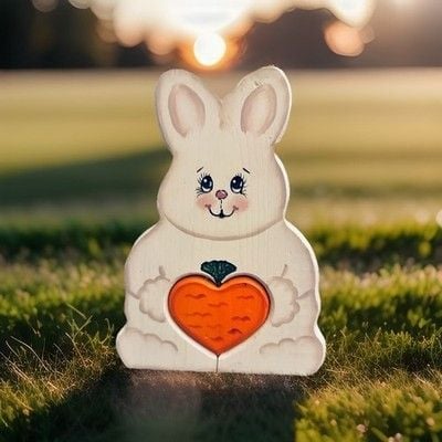 Vintage Handmade Hand Carved Wooden Bunny Shelf Sitter With Cut Out Heart Carrot 3