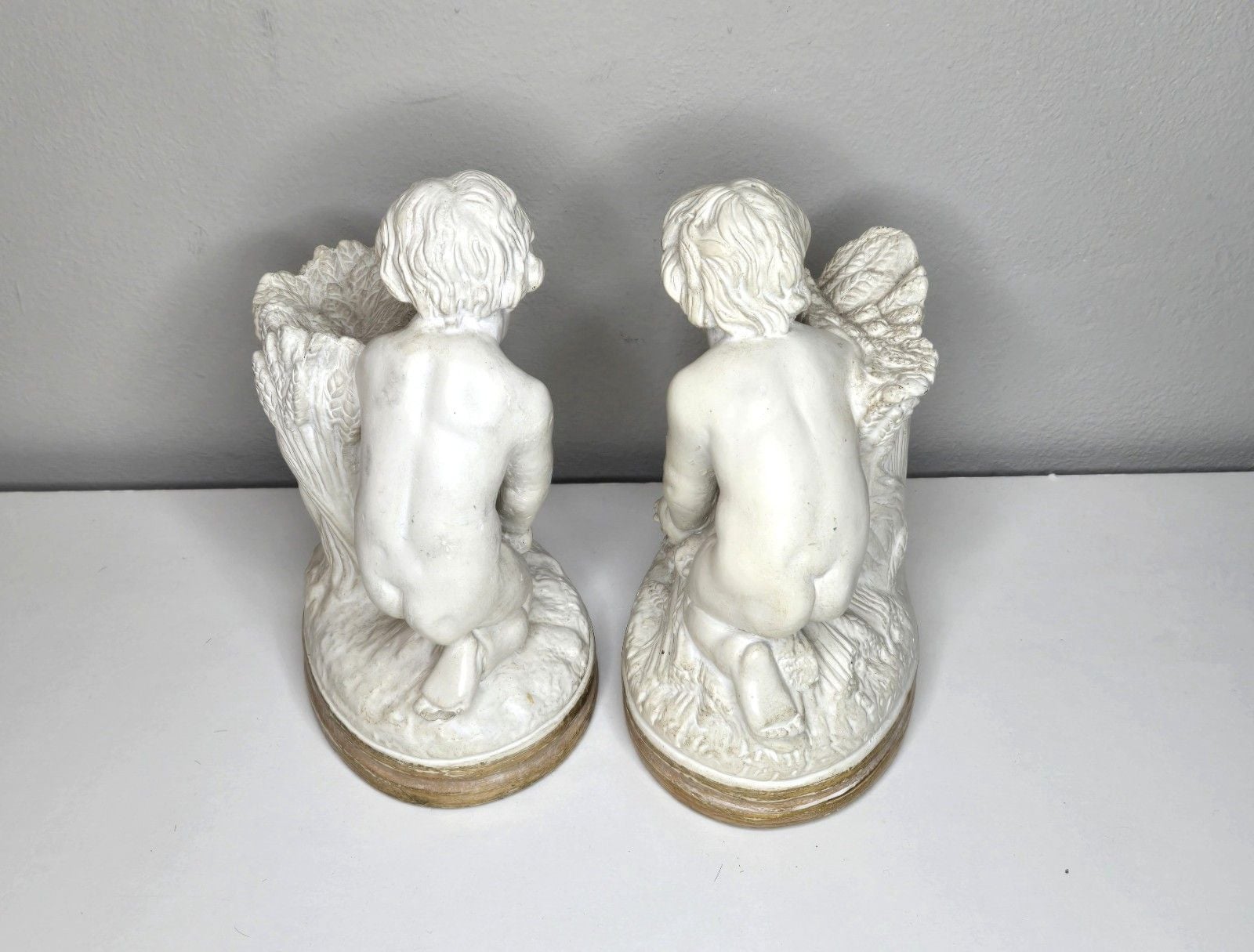 Vintage BORGHESE Niepolds ~ Chalk Putti Bookends ~ Cherubs Harvesting Wheat 4