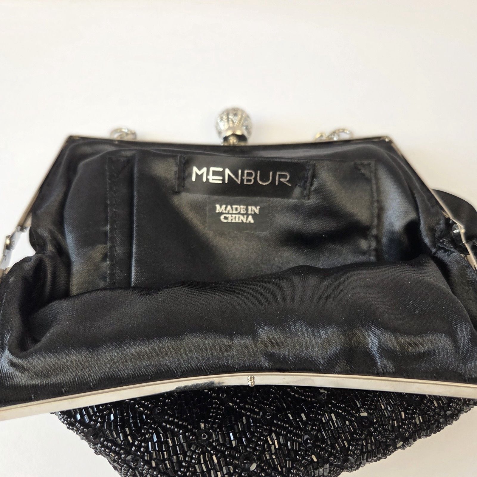 Menbur Black Beaded Clutch Evening Bag Silver Chain Strap Filigree Clasp Closure 10