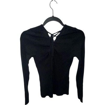 Love Tree Black Ribbed Knit Sweater with Lace-Up Detail 2
