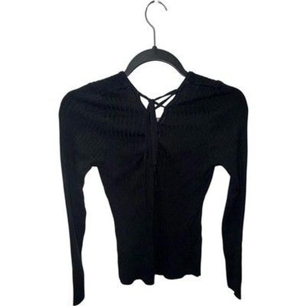 Love Tree Black Ribbed Knit Sweater with Lace-Up Detail