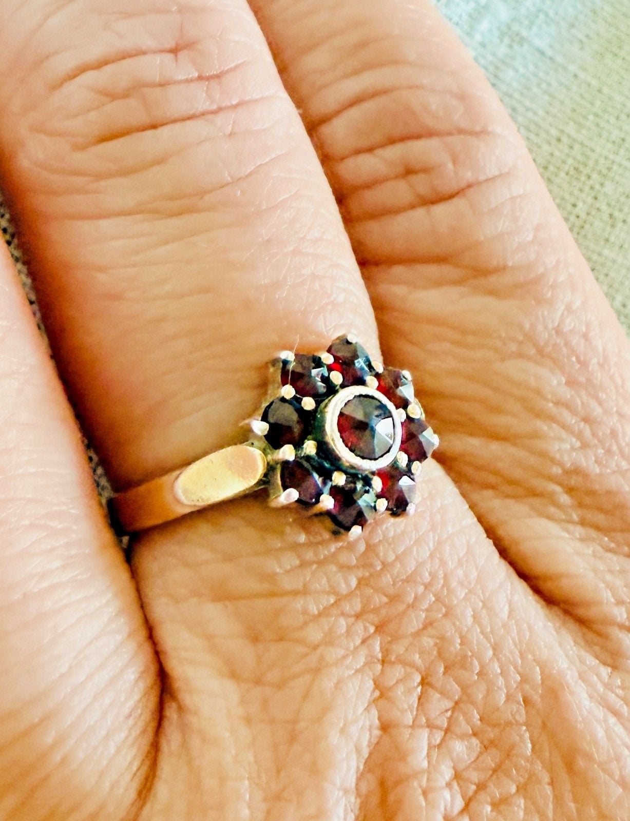 Antique Bohemian Garnet Cluster Ring Silver Gilt Rose Cut Stones Size 6 5