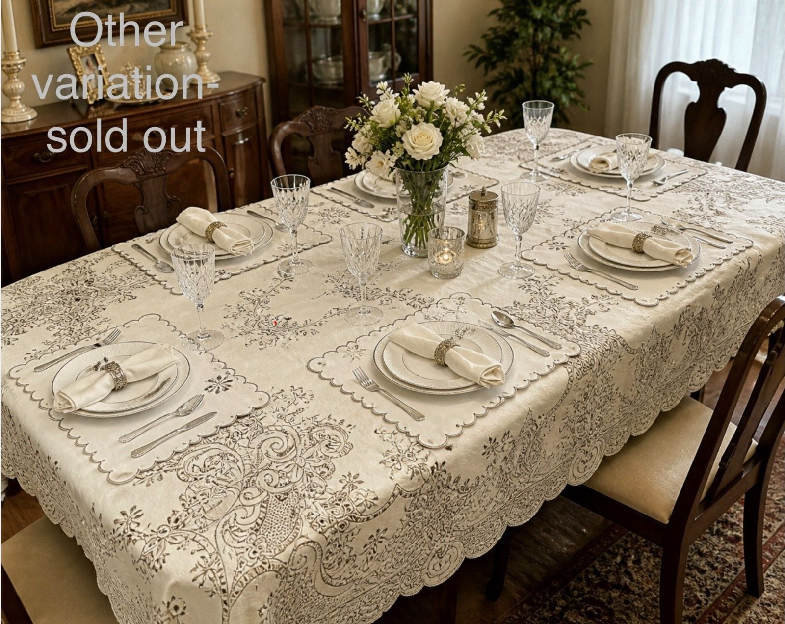 Handmade Dining Table Liner/Cover Set Embroidered Satin Floral Elegant ~7 Piece 10