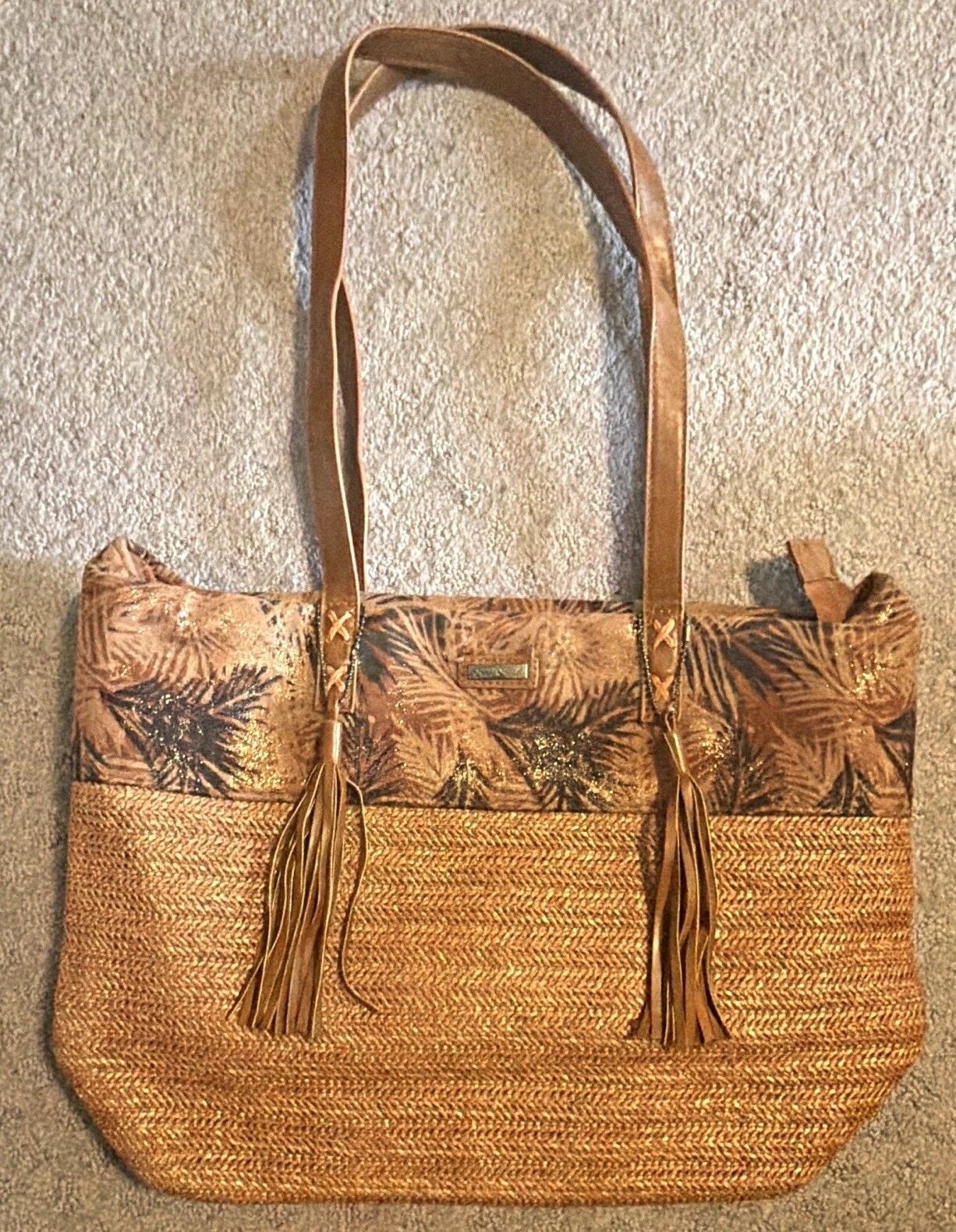 Sun 'N' Sand Woven Straw Tote Tan/Brown Tropical Floral Zip Tassel Lined 2