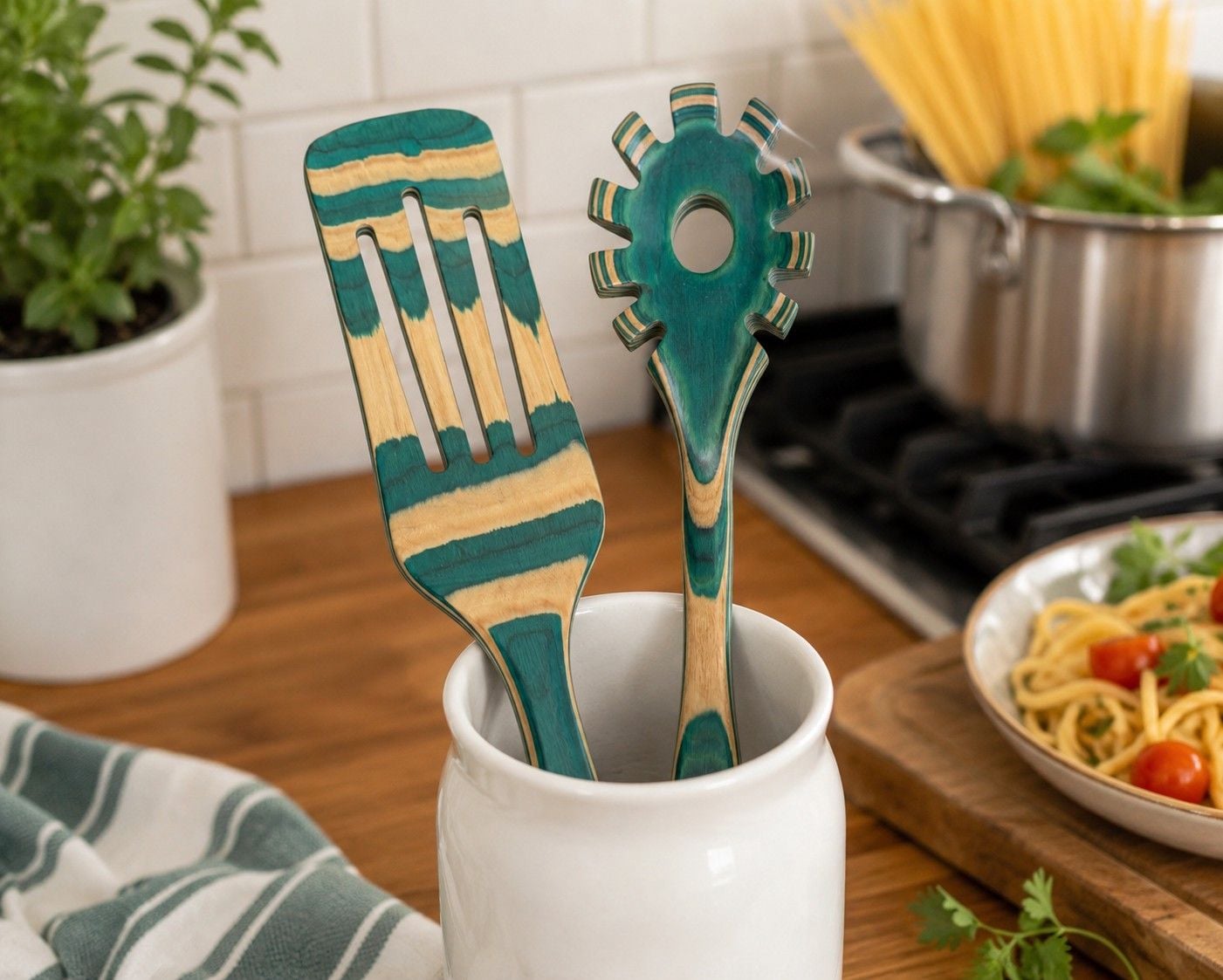 Baltique Mykonos Wooden Kitchen Utensil Set Slotted Turner & Spaghetti Server 4