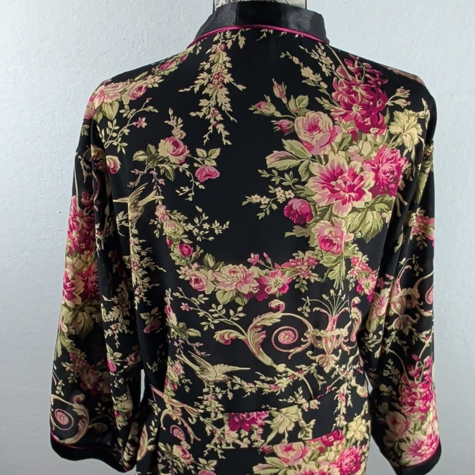 Oscar de la Renta Pink Label Floral Bird Kimono Robe Satin Look Black L XL Poly 8