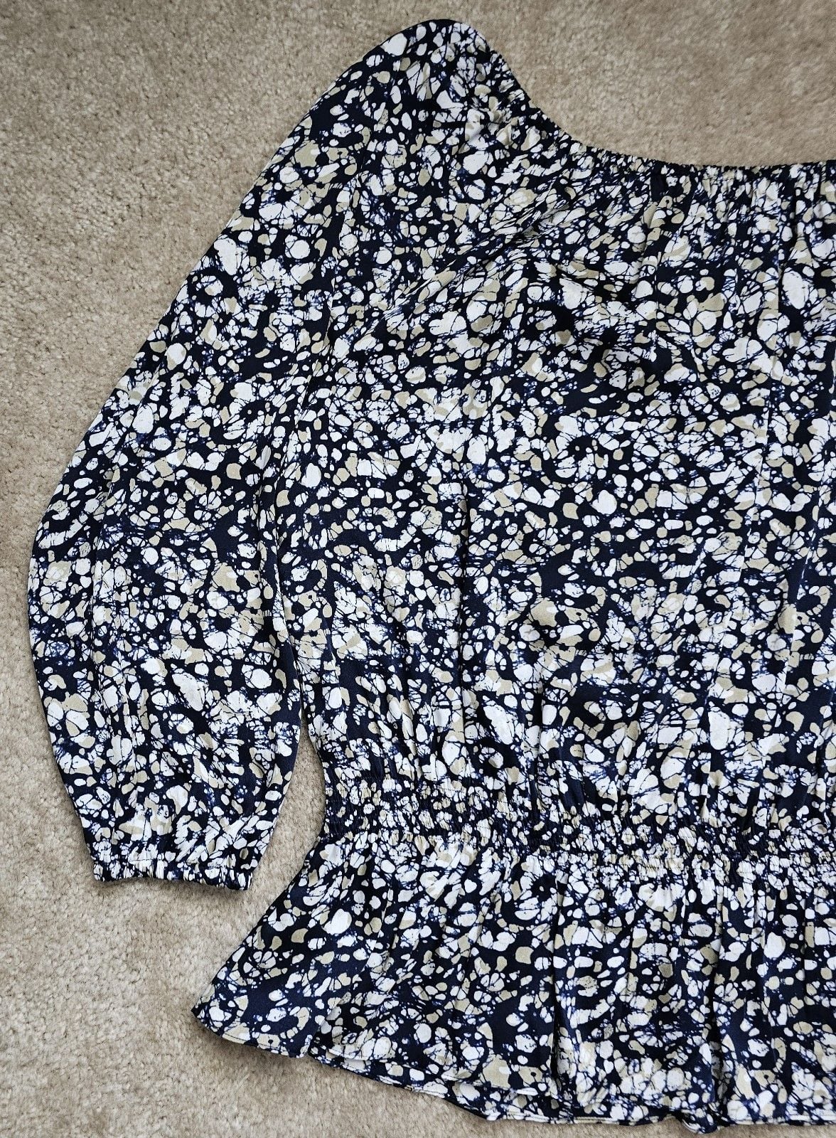 Michael Kors Women's Abstract Print Peplum Blouse Long Sleeve Navy Tan White 8
