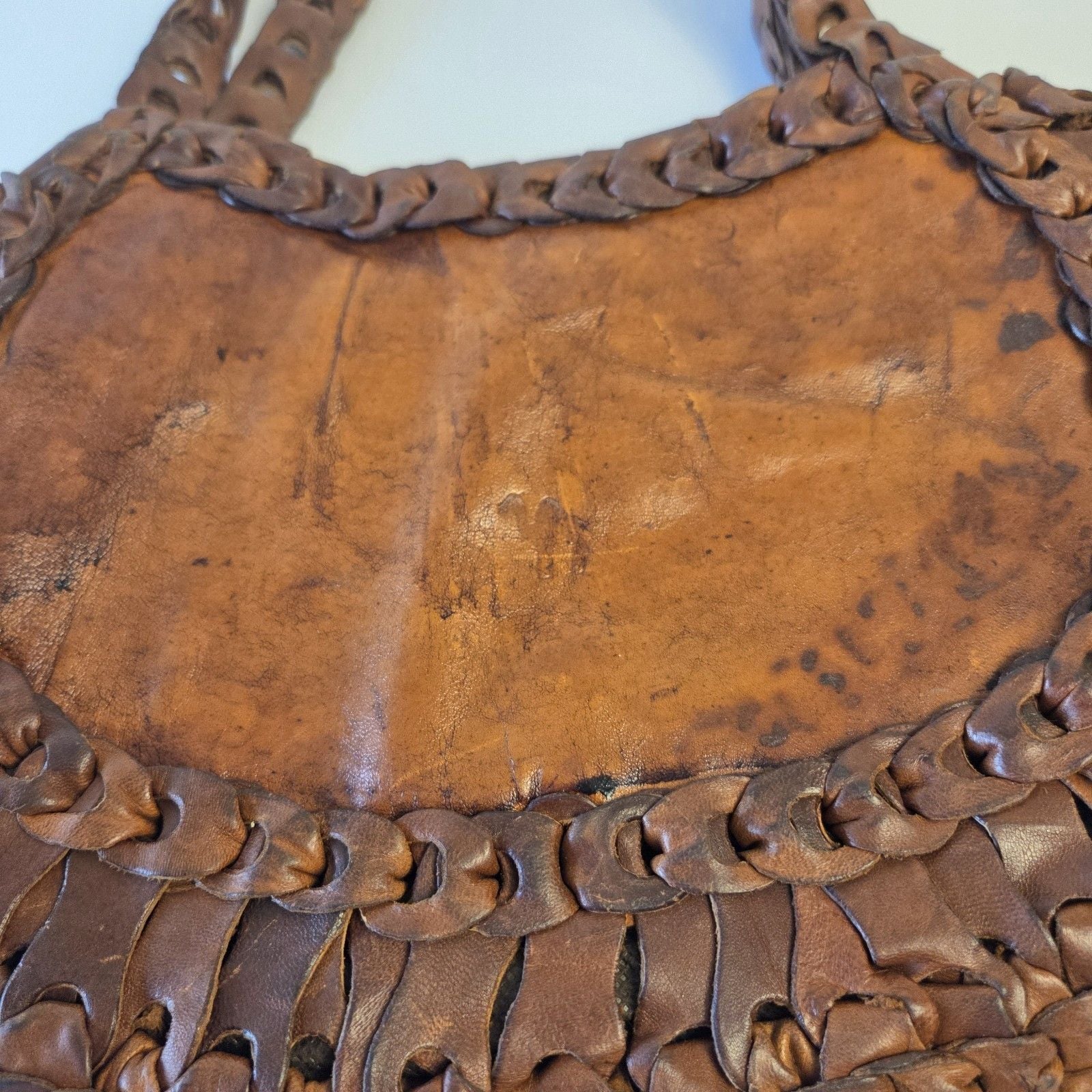 Vimtage 70s Boho Handmade Leather Loop Hippie Purse Moroccan Camel Stamp Tote 7