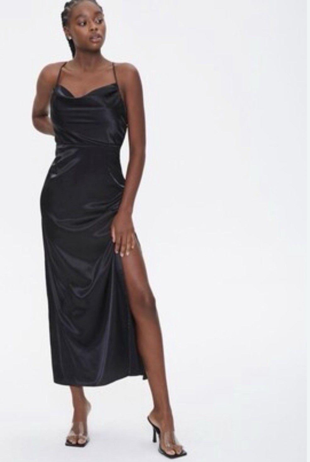 Forever 21 Satin Slip Dress Cowl Neck Side Slit Strappy Sleeveless Size S 3