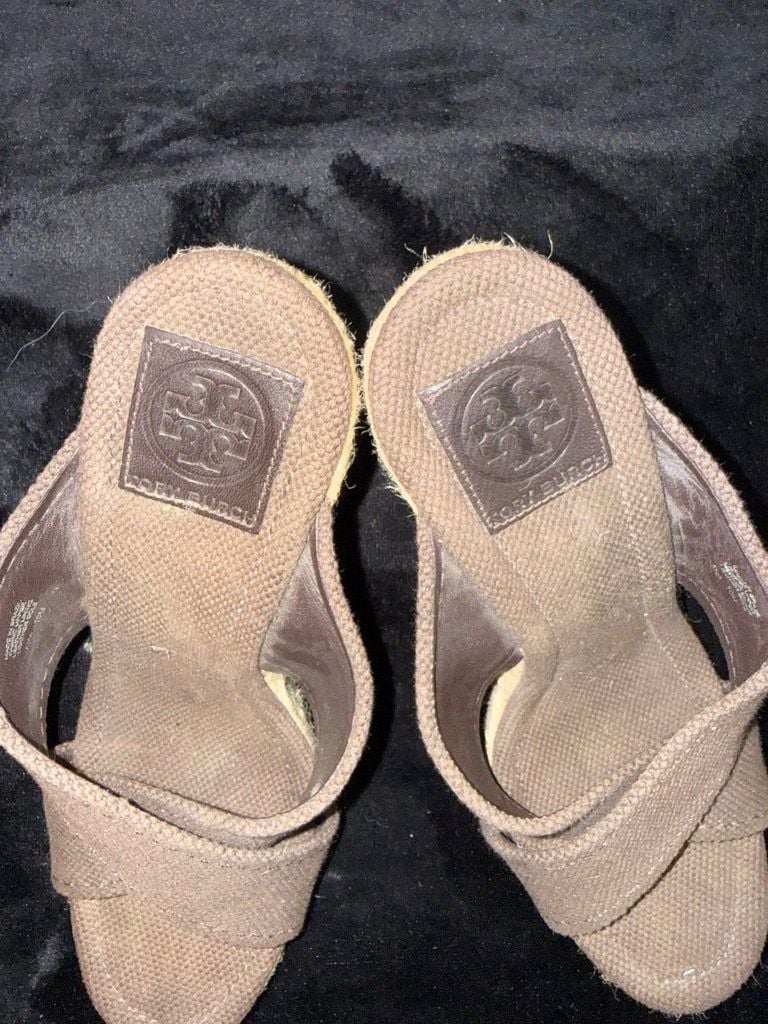 Tory Burch Brown Canvas Wedge Sandals with Gold Accent 3