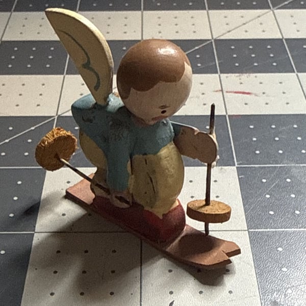 Hand Painted Wooden Angel Figurine Small Multicolor 3 in x 2 in Unboxed