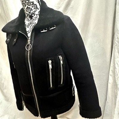 Philosophy XS Faux Shearling Moto Jacket Blk Aviator Biker Zip Buckle Coat 11