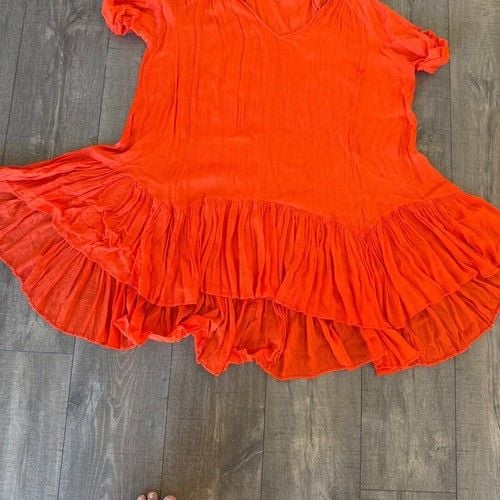 Free People Bright Orange Flowy Ruffle Dress Tunic Boho Size M Relax 6