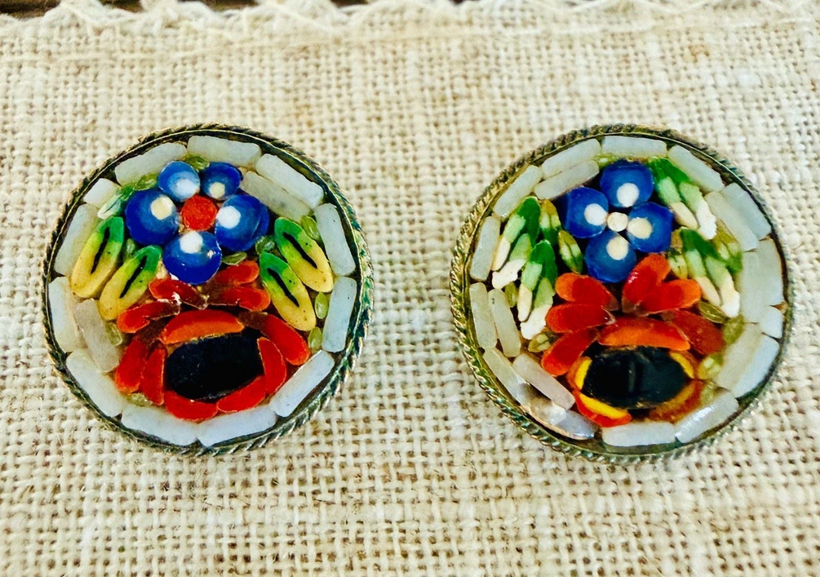 Vintage Italian Micromosaic Floral Clip Earrings Round Poppy Flower Italy Grand 5