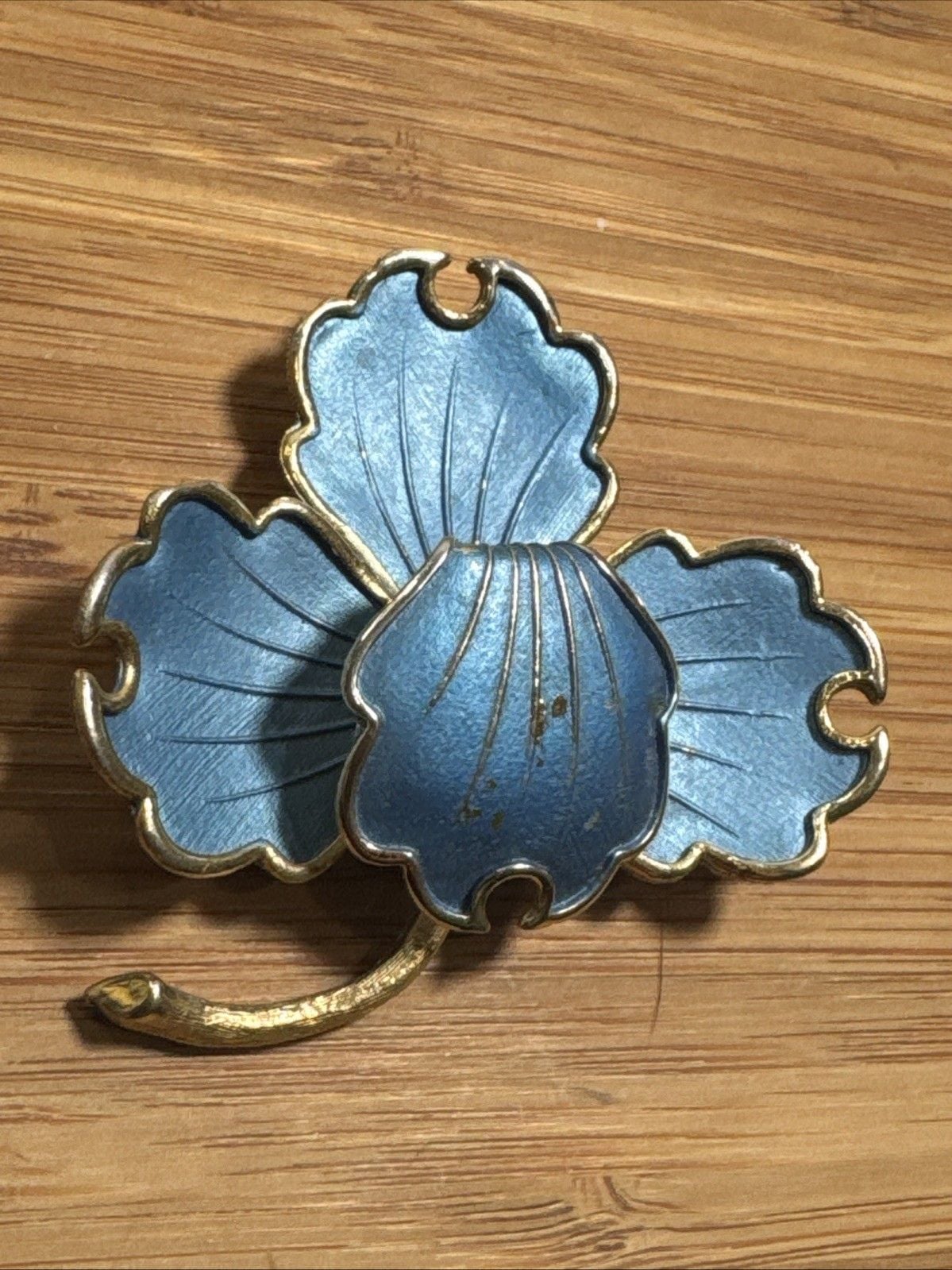 Vintage Satin Blue Enamel Flower Brooch Pin Gold Tone Floral Stem 3